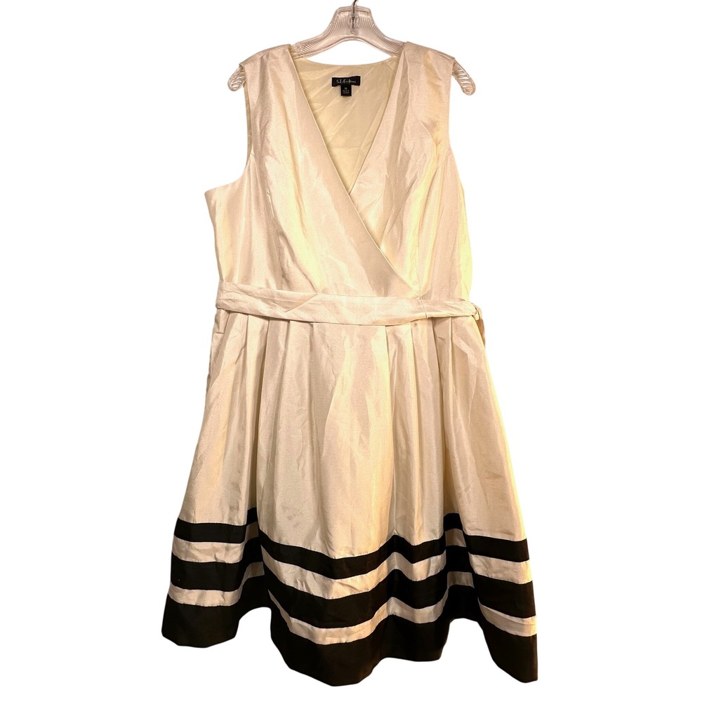 SL Fashions Ivory Black Striped Shantung Cocktail Dress 18 118652M NEW